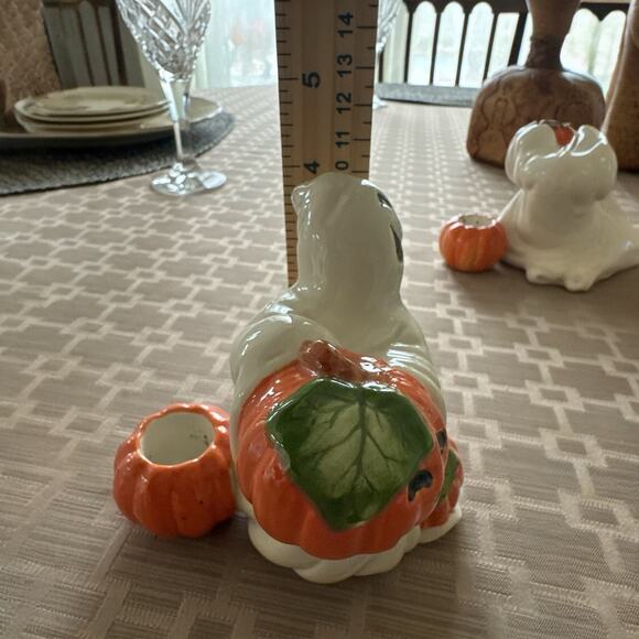 Halloween Fall Pumpkin Ghost Candlestick Holders Pair of 1996 Fitz & Floyd - Picture 8 of 9